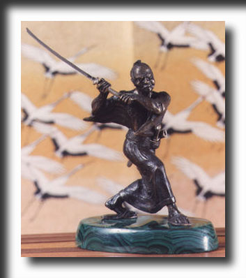 Samurai (3 1/2 in), bronze, sterling swords, Malakite base, samurai, japanese, japan, sculpture, figure sculpture, fine art, figurines, bronze, resin